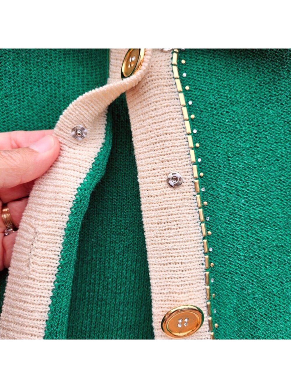 Vintage 80s Rich Levy Green Wool Knit Cardigan Leopard Brooch Womens L - Picture 12 of 14